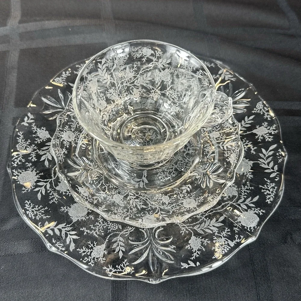 Vintage Fostoria Chintz Trio Set • Etched Glass Cup Saucer Plate • Baroque Blank